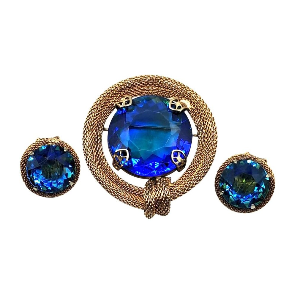 Vintage Rhinestone Jewelry Set Brooch Earrings Givre' Sabrina Blue Green Glass G